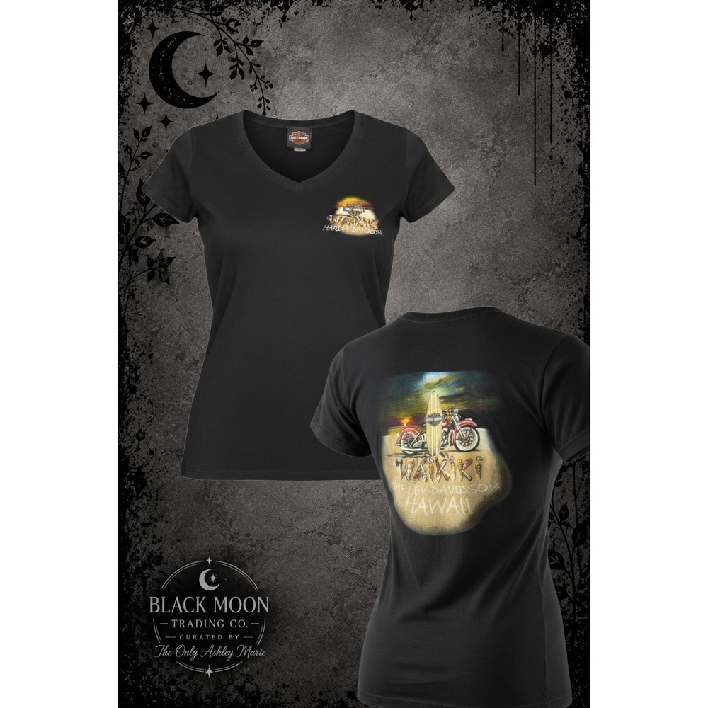 Harley Davidson Waikiki Hawaii Women's Large Black V Neck Graphic T Shirt